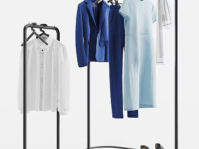 Metal Standing Hanger With Blue Suit White Shirt Dress And T Shirt For Home Organization 3d model