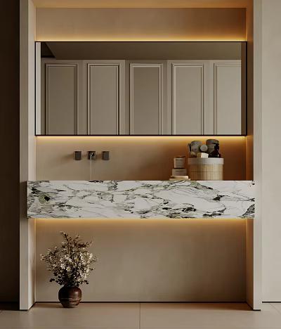 Modern Bathroom Vanity With Marble Countertop Upper Cabinets And Ambient Lighting 3d model