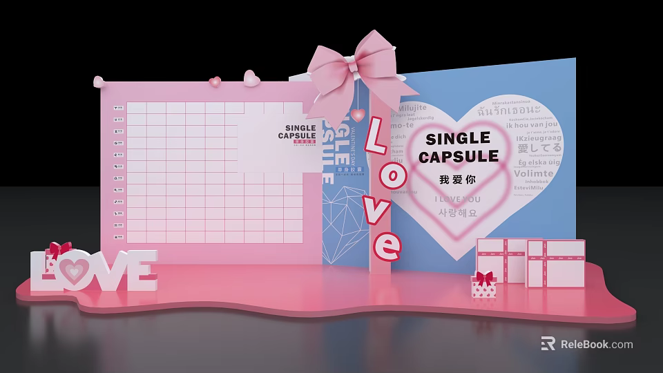 Single Capsule Pink Theme Decorative Scene With Love Elements Heart Shaped Card And Gift Boxes 3d model