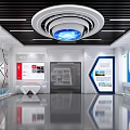 Modern Exhibition Hall With Digital Screens Industrial Images Circular Windows And Interactive Displays