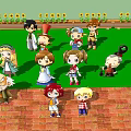 Group of Cartoon Characters Standing on Green Grass Red Brick Ground With Sunflowers Benches Background