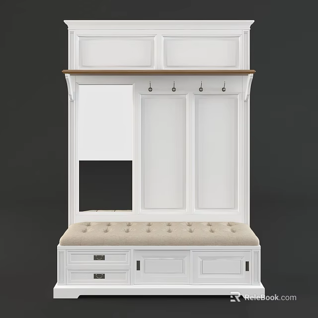 White Entryway Cabinet Sideboard With Coat Hooks Upholstered Bench And Storage Compartments 3d model 