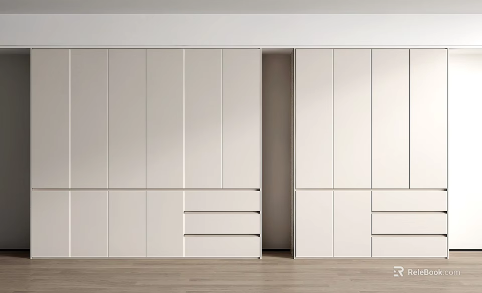 Modern Minimalist Wardrobe Design With White Cabinet Doors Wooden Floor And Open Compartment 3d model 
