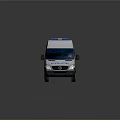 White Police Van With Blue Yellow Checkered Pattern And Top Blue Lights