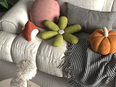 Colorful Decorative Pillows With Flower Mushroom Shapes On Cozy Sofa Accents 3d model