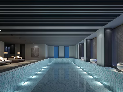 Modern Indoor Swimming Pool With Relaxation Seating And Ambient Lighting Design 3d model