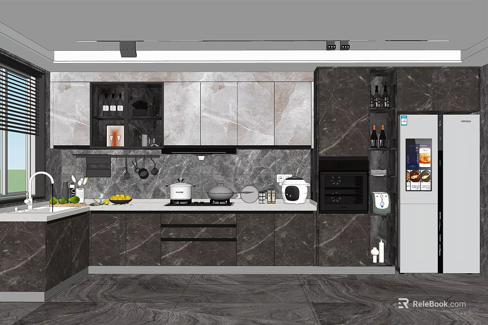 Modern Kitchen With Dark Gray Cabinets And Marble Backsplash Design 3d model 