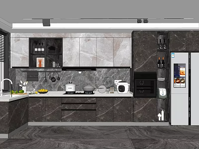 Modern Kitchen With Dark Gray Cabinets And Marble Backsplash Design 3d model