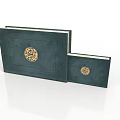 Dark Blue Covered Books With Golden Circular Pattern On Front Large And Small Sizes
