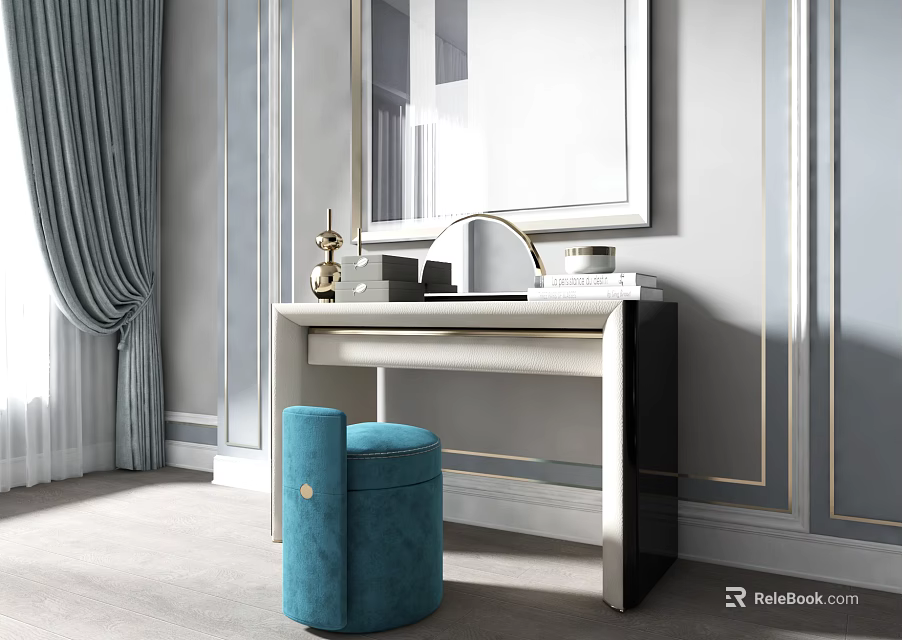 Elegant Dressing Table Interior Design With Blue Stool And Decorative Mirror 3d model