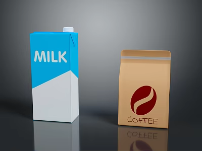 Daily Living Items Blue White Milk Carton And Brown Coffee Packet 3d model