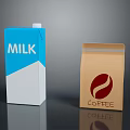 Daily Living Items Blue White Milk Carton And Brown Coffee Packet