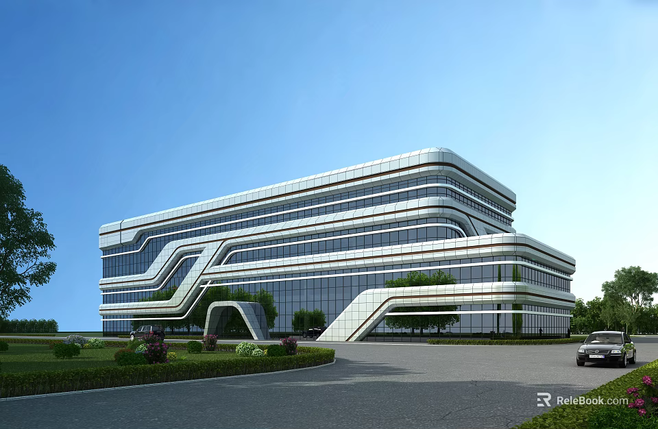 Modern Glass Curtain Wall Office Building With Streamlined Design And Landscaped Surroundings 3d model 