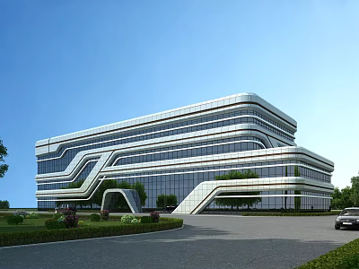 Modern Glass Curtain Wall Office Building With Streamlined Design And Landscaped Surroundings 3d model
