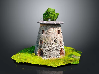 Stone Tower Structure With Small Windows Green Tree On Top And Grass Around Base 3d model