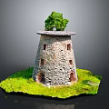 Stone Tower Structure With Small Windows Green Tree On Top And Grass Around Base 3d model
