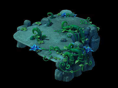 Natural Stone Platform Decorated With Green Vines Blue Flowers And Rocks 3d model