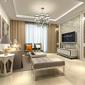 Modern Bright Living Room Interior With Elegant TV Wall Chandelier And Comfortable Soft Furnishings