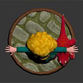 Curly Yellow Hair Girl In Green Coat And Dress With Small Red Spiked Tentacled Creature