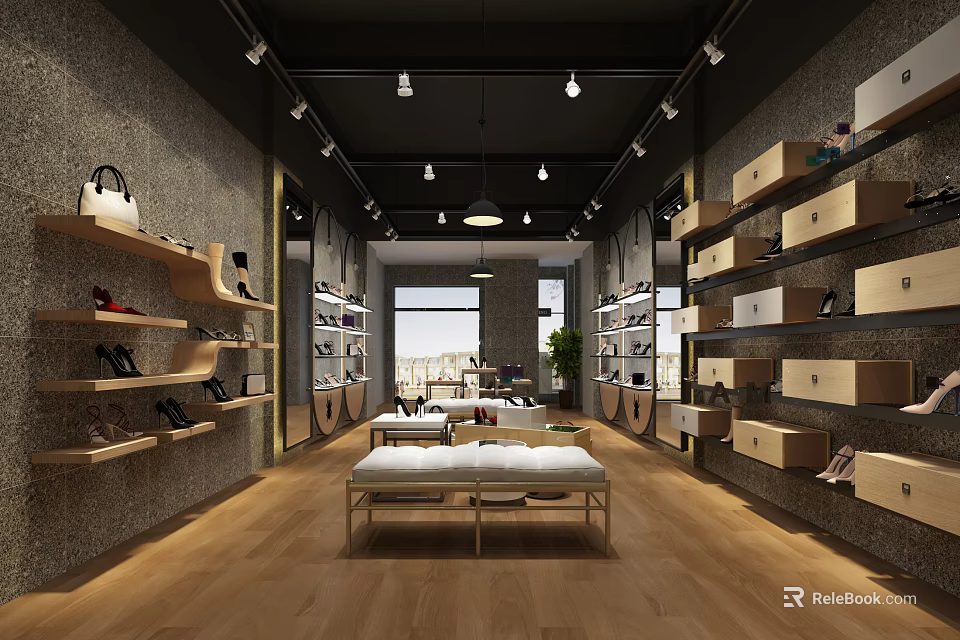 Modern Retail Store Interior With Shelves Shoes Bags Display Tables And Wooden Flooring 3d model 