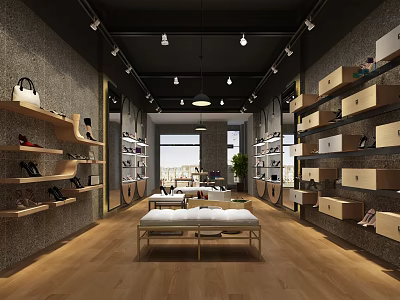 Modern Retail Store Interior With Shelves Shoes Bags Display Tables And Wooden Flooring 3d model