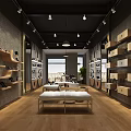 Modern Retail Store Interior With Shelves Shoes Bags Display Tables And Wooden Flooring