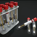 Medical Device Test Tubes With Red Caps In White Test Tube Rack And Swabs