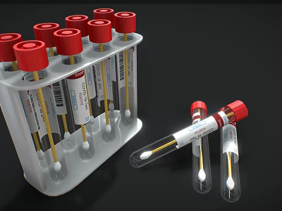 Medical Device Test Tubes With Red Caps In White Test Tube Rack And Swabs 3d model