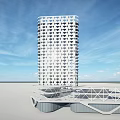 Modern High Rise Office Building With Grid Structure And Vertical Greenery Against Blue Sky