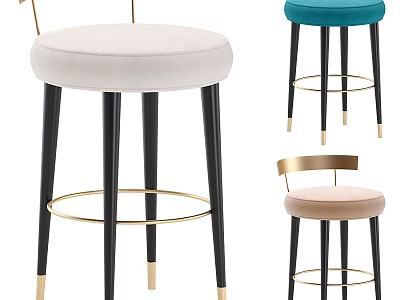 Stylish Velvet Bar Stools With Beige Teal Blush Colors And Gold Black Metal Legs 3d model