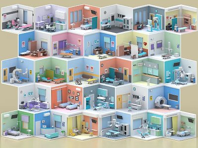 Hospital Aerial Planning With Multi Level Wards Medical Equipment And Room Layouts 3d model