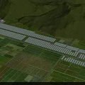 Rowed Industrial Factory Layout With Green Fields Mountain Backdrop And Metal Roofs
