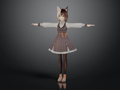 Cat Eared Girl Character With Brown Hair Striped Dress And Outstretched Arms 3d model