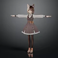 Cat Eared Girl Character With Brown Hair Striped Dress And Outstretched Arms
