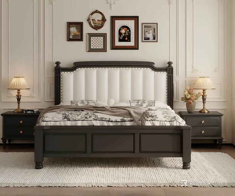 Elegant Double Bed with White Upholstered Headboard Dark Frame Nightstands Table Lamps and Decorative Paintings 3d model 