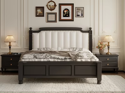Elegant Double Bed with White Upholstered Headboard Dark Frame Nightstands Table Lamps and Decorative Paintings 3d model