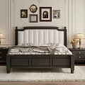 Elegant Double Bed with White Upholstered Headboard Dark Frame Nightstands Table Lamps and Decorative Paintings