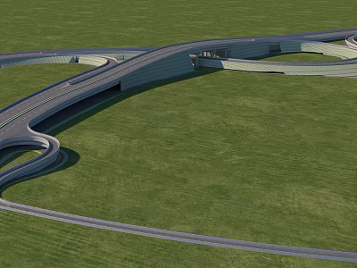 Modern Curved Bridge Structure Featuring Multiple Lanes Over Green Grassland 3d model