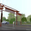 Scenic Entrance Gate With Traditional Roof Structure Lush Greenery Palm Trees And Car Access