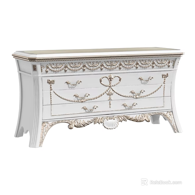 Elegant White Console Cabinet with Ornate Carvings and Gold Accents 3d model 