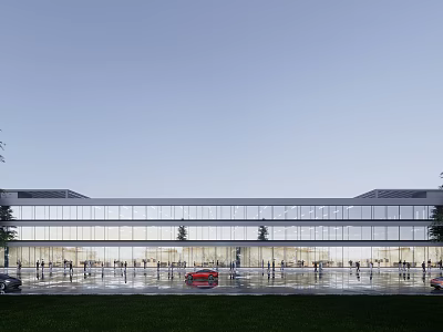 Modern Commercial Building Exterior With Glass Curtain Wall Grass Area Red Car And Pedestrians 3d model