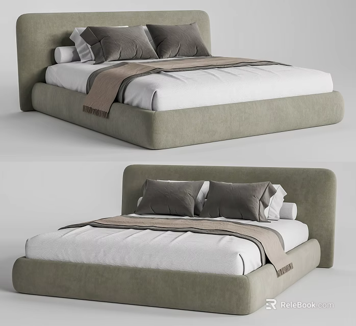 Modern Double Bed With Upholstered Headboard Soft Gray Bedding And Decorative Pillows 3d model