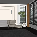 Light Colored Leisure Chair with Ottoman and Potted Plant by Window Blinds in Modern Interior