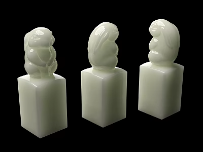 Three White Jade Seals With Carved Animal Figures On Square Bases 3d model