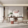 Traditional Chinese Study Room with Wooden Furniture Plum Blossom Art and Screen Partition