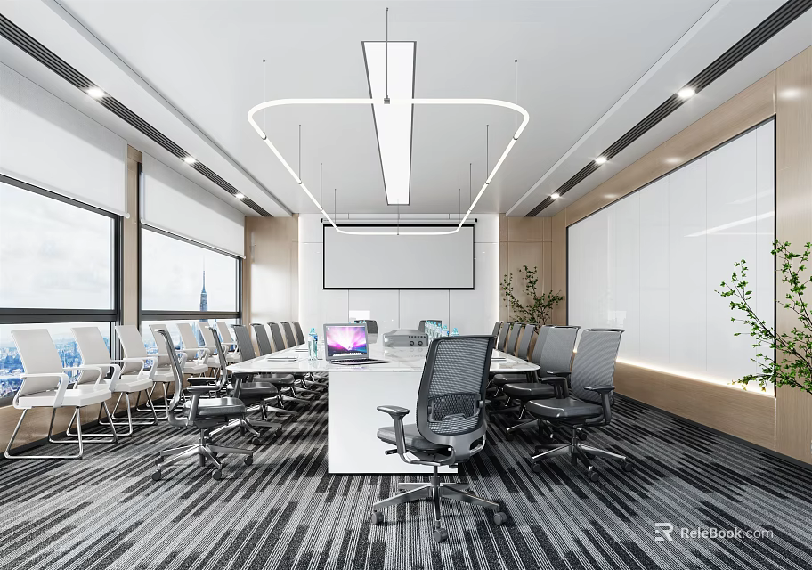Modern Conference Room Interior With Long Table Office Chairs Projection Screen And Large Windows 3d model 