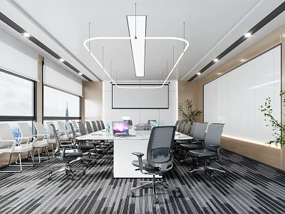 Modern Conference Room Interior With Long Table Office Chairs Projection Screen And Large Windows 3d model