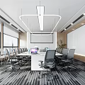 Modern Conference Room Interior With Long Table Office Chairs Projection Screen And Large Windows
