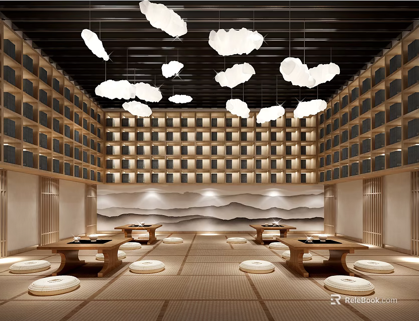 Elegant Club Interior With Cloud Pendant Lights Mountain Water Backdrop And Tatami Flooring 3d model 