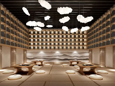 Elegant Club Interior With Cloud Pendant Lights Mountain Water Backdrop And Tatami Flooring 3d model